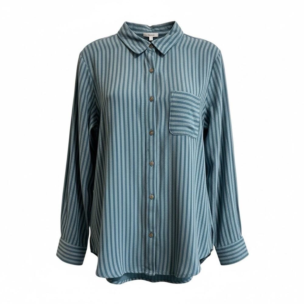 Maurices Teal Striped Double Cloth Cotton Button Down Shirt NWT Women's Size L